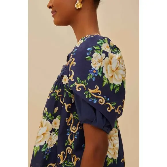 Farm Rio Blue Flower Tapestry Yoke Blouse - Picture 2 of 7